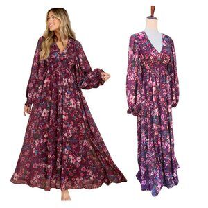NWT Aura Burgundy Floral Maxi Dress Women’s XS Boho Romantic Cottagecore Prairie